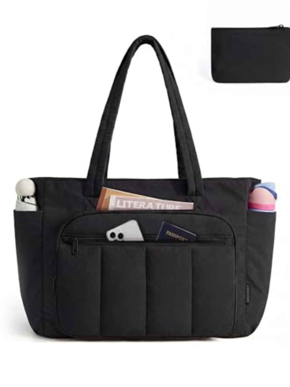 Quilted Nylon Tote Bag Set with Zipper and Cosmetic Pouch 20L